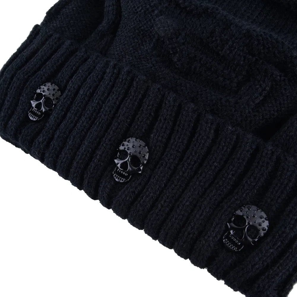 Color: Dark Grey, Size: 56/57 - Winter Beanies Men Knitted Skull Pattern Solid Color Hat With Metal Skulls Skullies Beanies Men's Knit Thick Hats Add Velvet