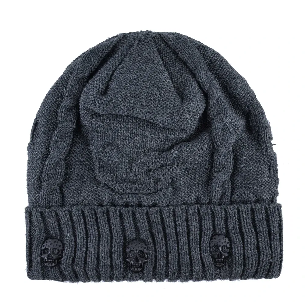 Color: Dark Grey, Size: 56/57 - Winter Beanies Men Knitted Skull Pattern Solid Color Hat With Metal Skulls Skullies Beanies Men's Knit Thick Hats Add Velvet