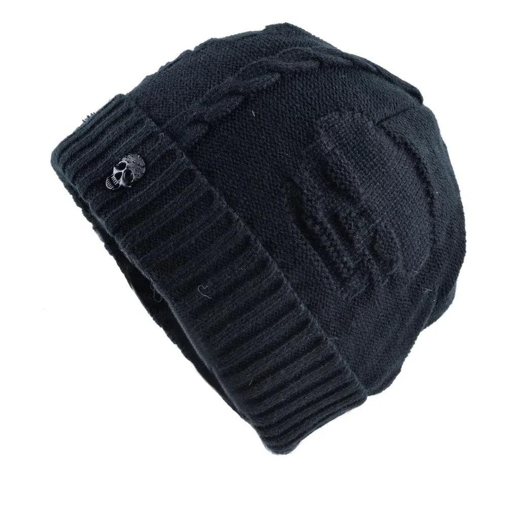 Color: Dark Grey, Size: 56/57 - Winter Beanies Men Knitted Skull Pattern Solid Color Hat With Metal Skulls Skullies Beanies Men's Knit Thick Hats Add Velvet