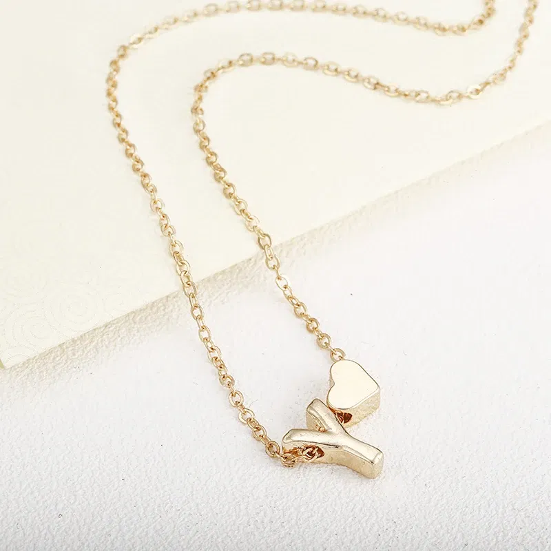 Metal Color: Antique Gold Plated - Fashion Tiny Heart Dainty Initial Necklace With Letter Name Choker Necklace For Women Pendant Jewelry Accessories Gift