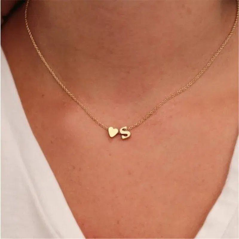 Metal Color: Antique Gold Plated - Fashion Tiny Heart Dainty Initial Necklace With Letter Name Choker Necklace For Women Pendant Jewelry Accessories Gift