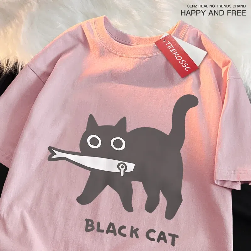 Color: black, Size: L - Fun A Black Cat Eating Fish Japanese Style Men Women T-Shirt Fashion Print T Shirt Breathable Oversize T-Shirts Cotton Clothes