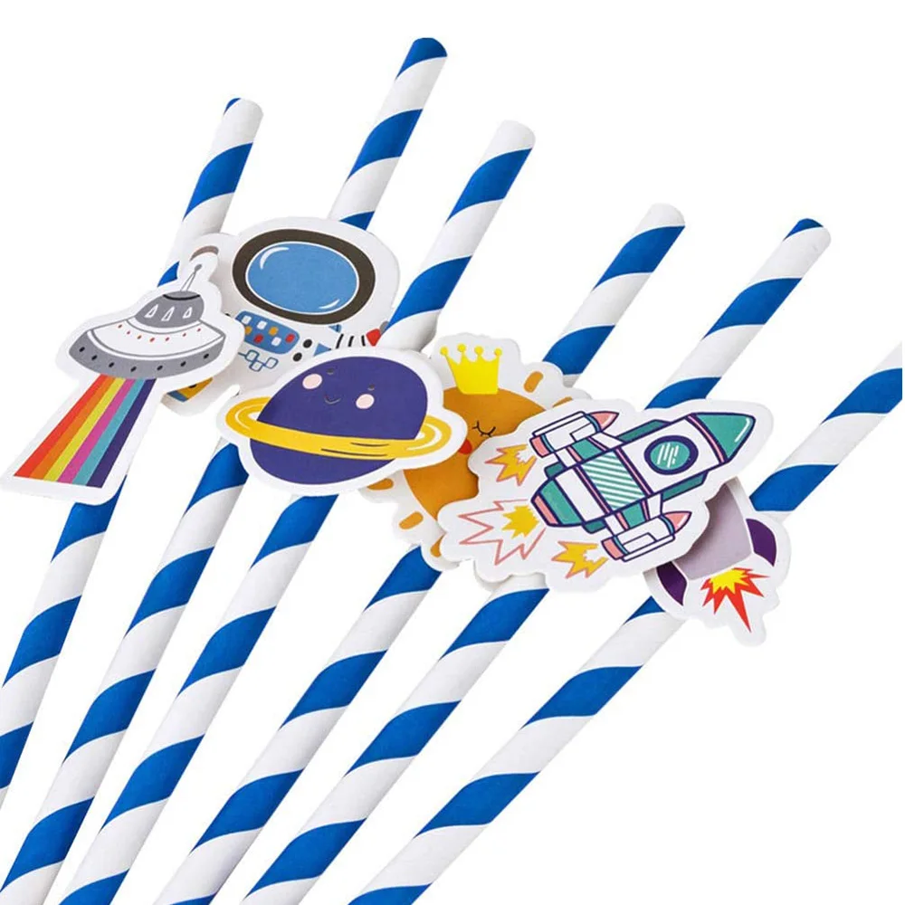 Color: Deep Sapphire, Capacity: 480ml - 20/40pcs Outer Space Party Disposable Straw Paper Drinking Straw Astronaut Rocket Birthday Party Decoration