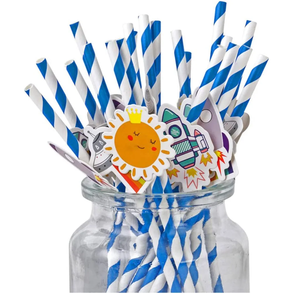 Color: Deep Sapphire, Capacity: 480ml - 20/40pcs Outer Space Party Disposable Straw Paper Drinking Straw Astronaut Rocket Birthday Party Decoration
