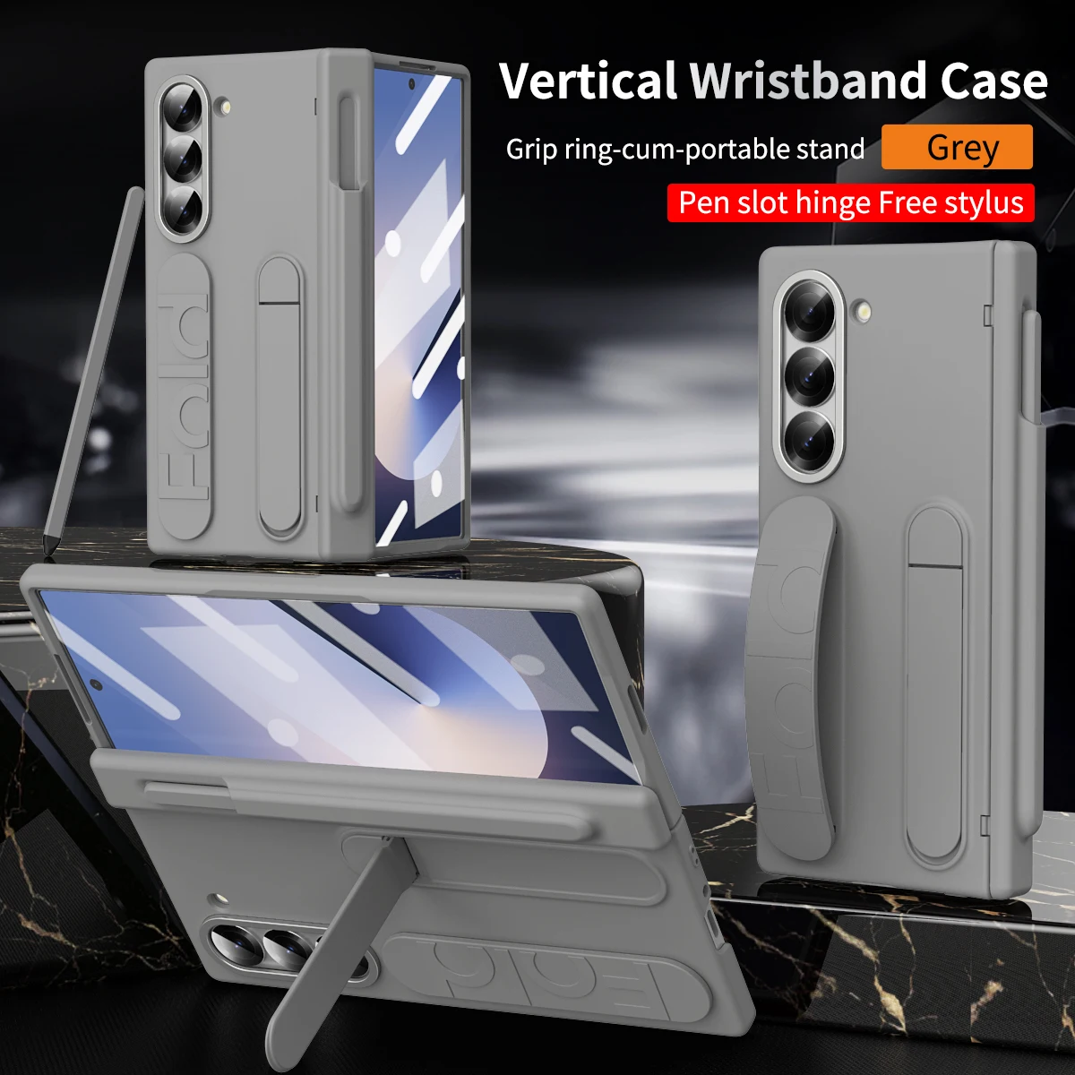 Color: Coffee, Material: ABS - Touch Pen Case For Samsung Galaxy Z Fold 6 5 4 3 Skin Friendly Folding Hinge with Elastic Wrist Band Screen Tempered Film Cover