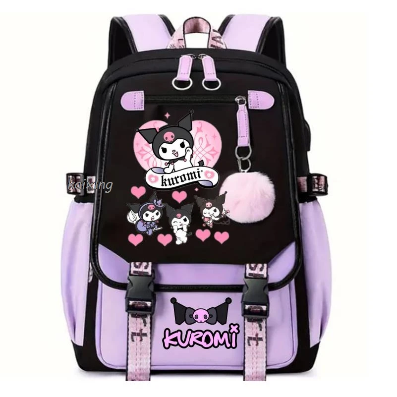 Color: black, Size: 17 Inches - Lovely Kuromi Melody Backpacks USB Cartoon Purple Printed Boy Girls School Bag Students Bookbag Teens Women Mochila Escolar Ni?±a