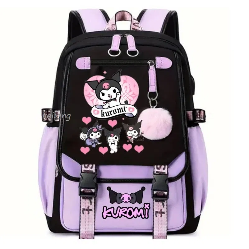 Color: black, Size: 17 Inches - Lovely Kuromi Melody Backpacks USB Cartoon Purple Printed Boy Girls School Bag Students Bookbag Teens Women Mochila Escolar Ni?±a