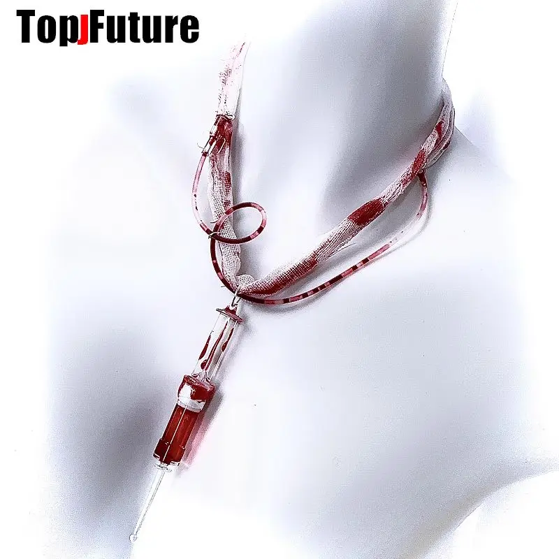 Metal Color: Blue Zinc - Women Men Harajuku Gothic Lolita Cosplay Punk Syringe necklace Subculture Spice Y2K Girl Collar bloody choker chokers Turques
