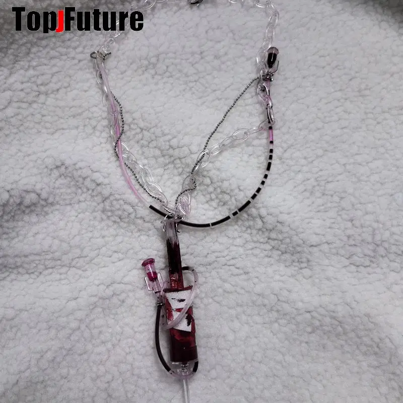 Metal Color: Blue Zinc - Women Men Harajuku Gothic Lolita Cosplay Punk Syringe necklace Subculture Spice Y2K Girl Collar bloody choker chokers Turques