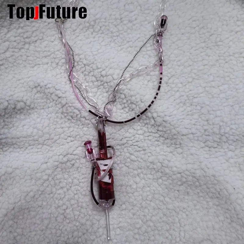 Metal Color: Blue Zinc - Women Men Harajuku Gothic Lolita Cosplay Punk Syringe necklace Subculture Spice Y2K Girl Collar bloody choker chokers Turques