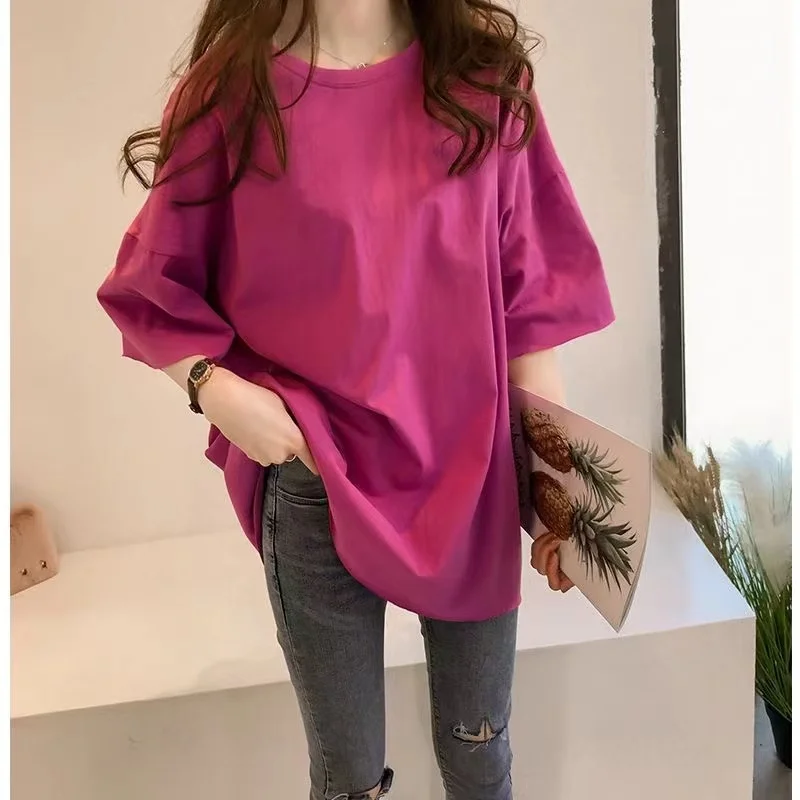 Color: PURPLE, Size: L - Women's T solid color mid sleeved casual trend personality