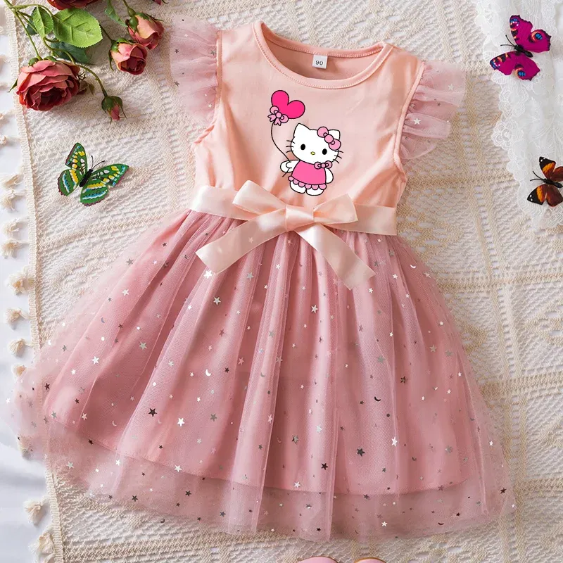 Color: black, Kid Size: 4T - Hello Kitty Girls Sequin Tutu Dress with Bow Flutter Sleeves Summer Princess Party Outfit for Toddler Kids 2-6 Years