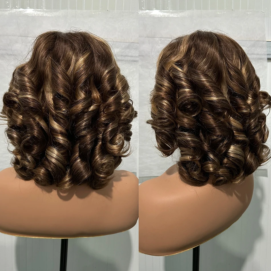 Hair Color: #1B, Density: 250%, Stretched Length: 12inches - 100% Human Hair Wig Highlight Bob Bouncy Loose Curly 12" 250% Density 5x5 HD Lace Closure Glueless Wigs Human Hair Ready To Wear