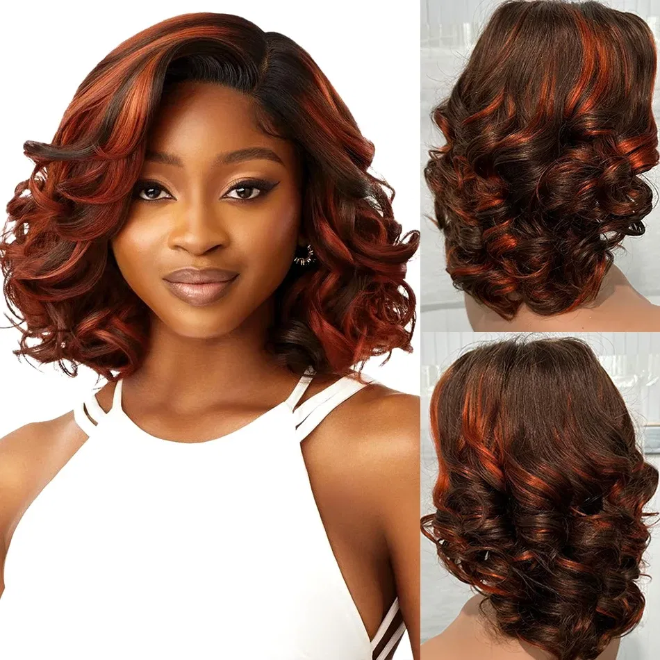Hair Color: #1B, Density: 250%, Stretched Length: 12inches - 100% Human Hair Wig Highlight Bob Bouncy Loose Curly 12" 250% Density 5x5 HD Lace Closure Glueless Wigs Human Hair Ready To Wear