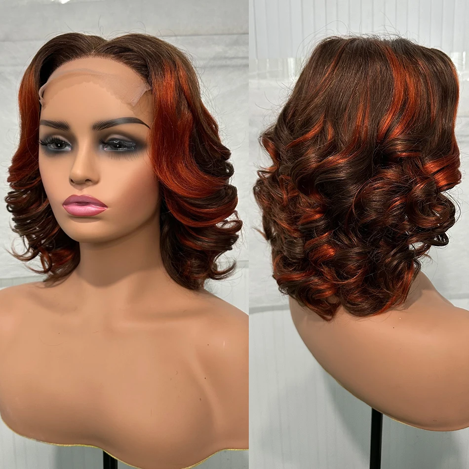 Hair Color: #1B, Density: 250%, Stretched Length: 12inches - 100% Human Hair Wig Highlight Bob Bouncy Loose Curly 12" 250% Density 5x5 HD Lace Closure Glueless Wigs Human Hair Ready To Wear