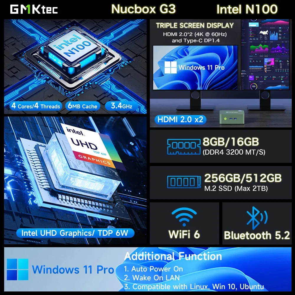 Color: black, Ships From: CHINA - Top GMKtec G3 Mini PC Intel Alder Lake N100 Windows 11 Pro Mini PC 8/16GB DDR4 256/512GB PCIe M.2 SSD WiFi 6 BT5.2 Desktop