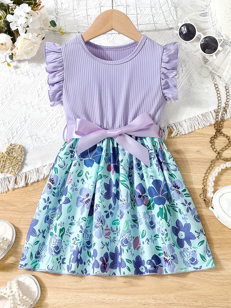 Color: PURPLE, Kid Size: 4 - Sweet Girls Splicing Flower Print Flutter Trim Ribbed Belted Dress