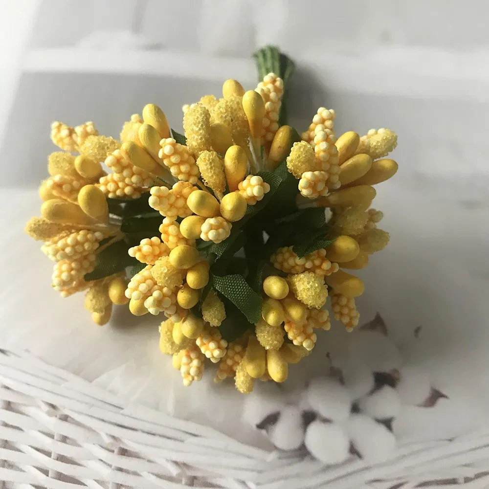 Color: WHITE - 12PCS/lot Artificial Flower Small Berries Stamen Wire Stem/marriage Leaves DIY Wreath Wedding Scrapbooking Box Decoration Craft