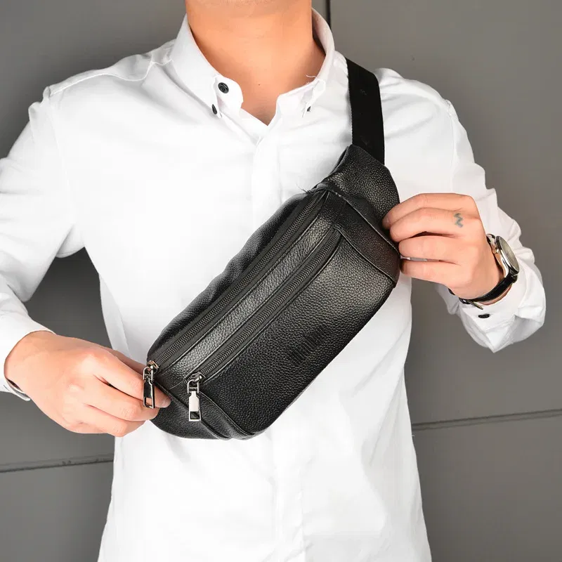 Color: black - Men's Genuine Leather Chest Bags Crossbody Bag Luxury Design Durable Pockets Chest Bag Business Men's Handbag Shoulder Bag