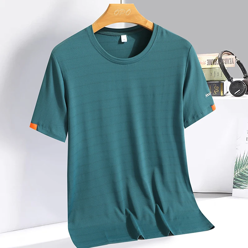 Color: Brown, Size: 4XL - Men's Silk Ice Round Collar T-shirt, Simple Running Fitness Suit, Breathable Thin T-shirt, Quick Dry T-shirt, Summer