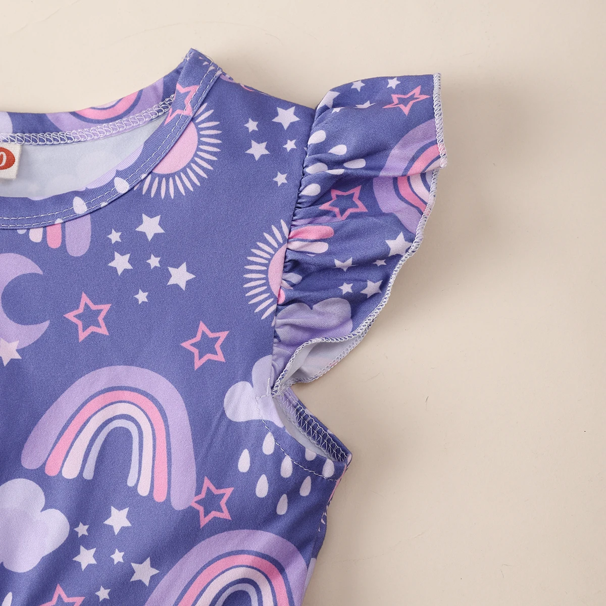 Color: PURPLE, Kid Size: 116 - Girls Cute Cartoon Rainbow Graphic Flutter Trim Sleeveless Dress For Summer Party Gift