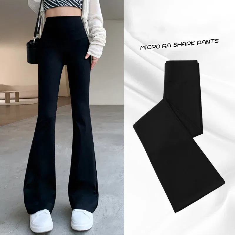 Color: black, Size: L - Women Flare Pants Slim High Waist Solid Sexy Shark Flare Pants Fashion Casual Streetwear Elastic Butt Lift Skinny Leggings