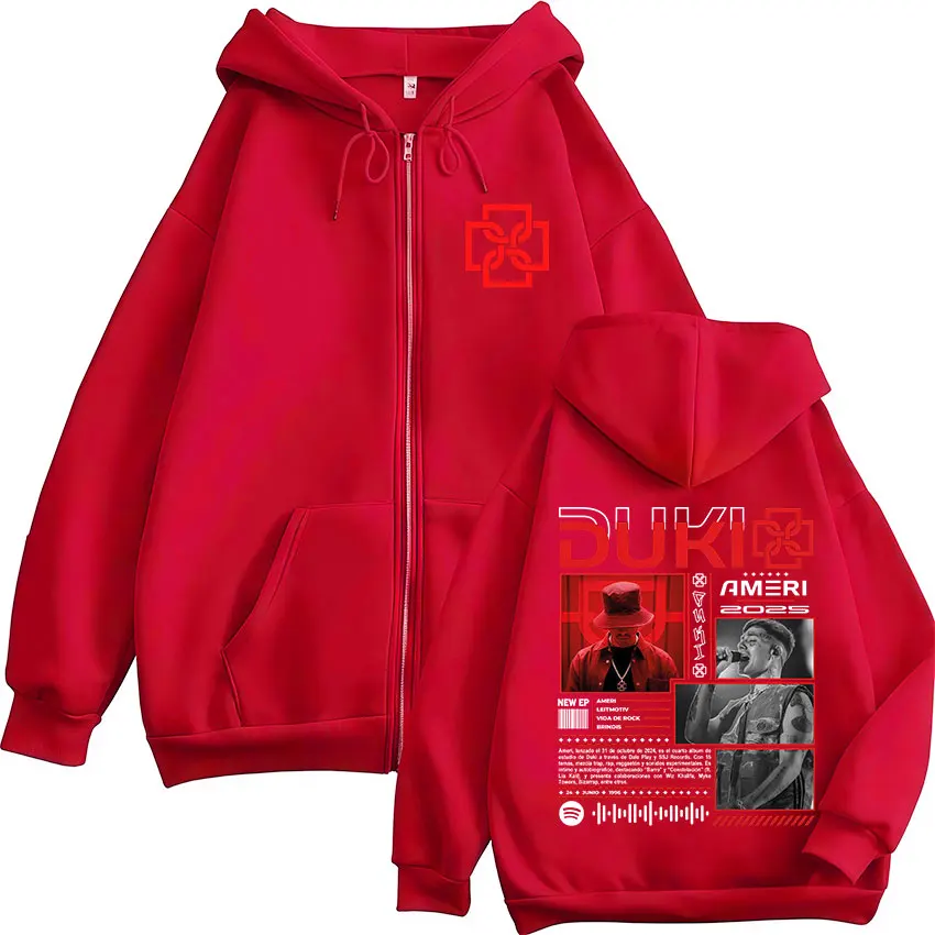 Color: Beige, Size: S - Rapper Duki Ameri World Tour 2025 Zipper Hoodies Men Women Clothing Fashion Hip Hop Zip Up Hooded Oversized Sweatshirts Jackets