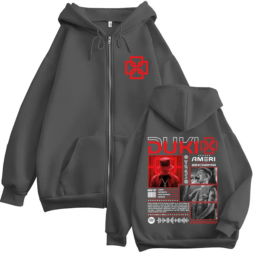 Color: Beige, Size: S - Rapper Duki Ameri World Tour 2025 Zipper Hoodies Men Women Clothing Fashion Hip Hop Zip Up Hooded Oversized Sweatshirts Jackets