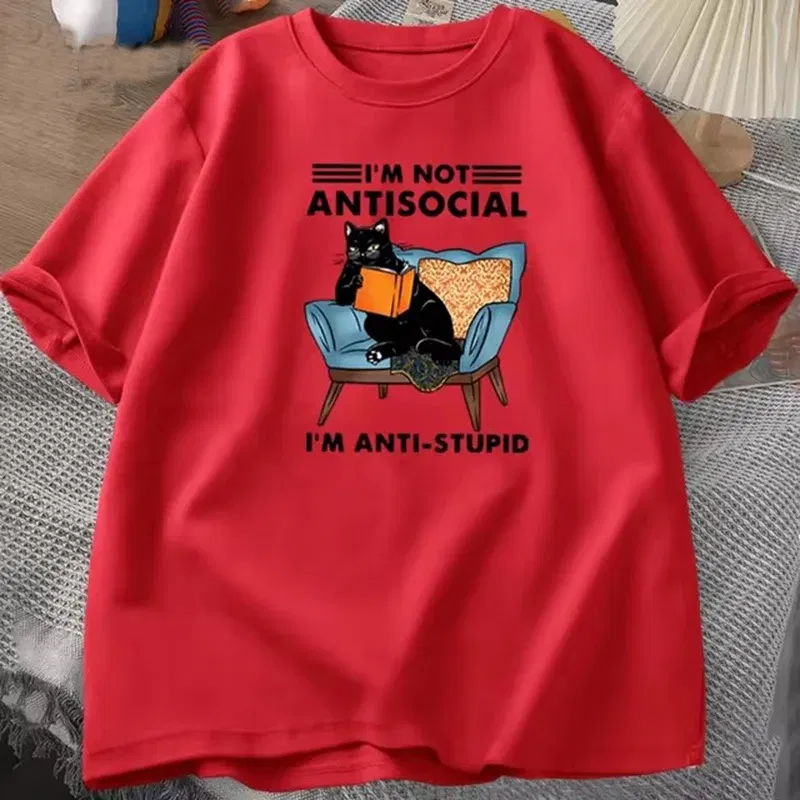 Color: Red, Size: XL - funny cat reading book T-Shirts Graphic Tees Cotton Mens Clothing O Neck Meme Short Sleeve Tees Harajuku Fashion Womens Oversize