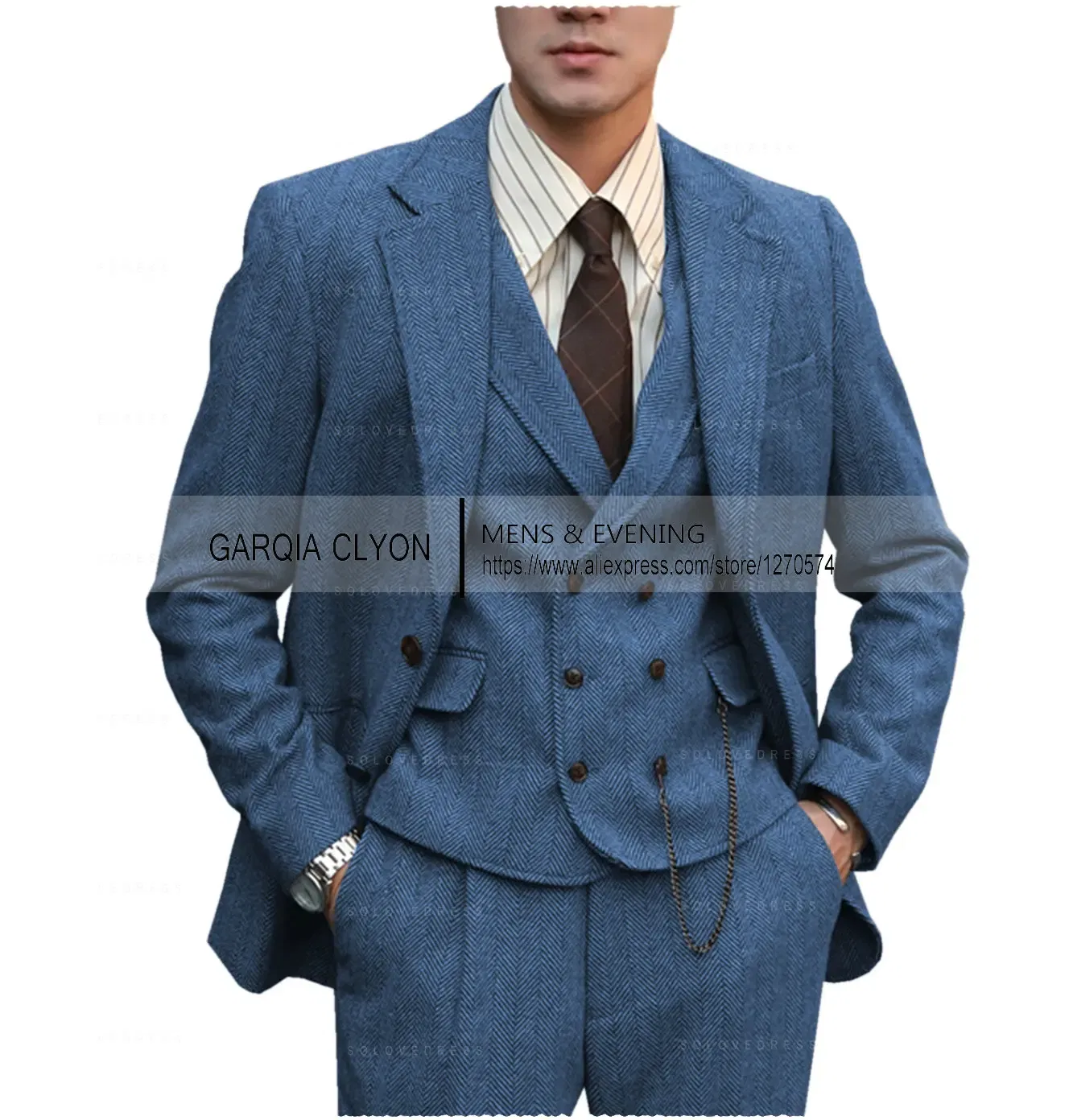 Color: Blue, Size: L - Tweed Herringbone 3 Pieces Herringbone Men's Business Suits Single Breasted Slim Fit Groom Formal Suits?€Blazer+vest+Pants?‰