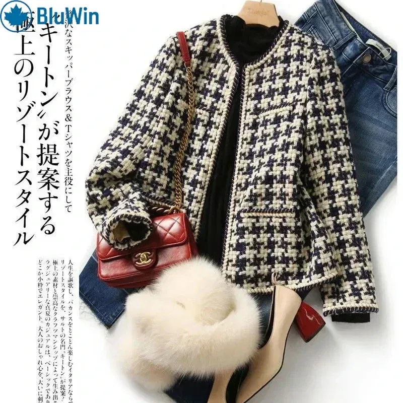 Color: black, Size: L - URBANCHIC Classic Checkered Tweed Jacket ?“ Elegant Contrast Trim for a Timeless, Chic Look