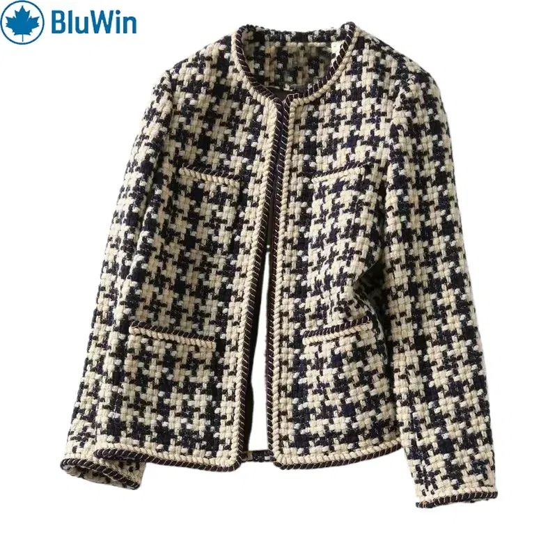 Color: black, Size: L - URBANCHIC Classic Checkered Tweed Jacket ?“ Elegant Contrast Trim for a Timeless, Chic Look