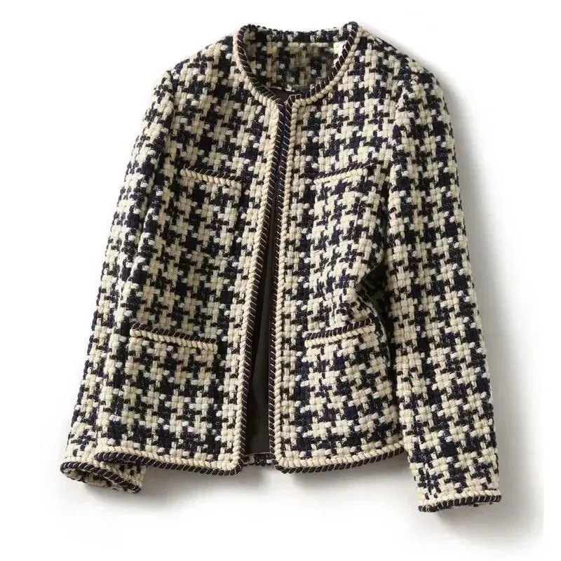 Color: black, Size: L - URBANCHIC Classic Checkered Tweed Jacket ?“ Elegant Contrast Trim for a Timeless, Chic Look