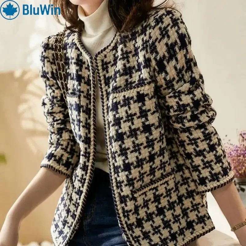 Color: black, Size: L - URBANCHIC Classic Checkered Tweed Jacket ?“ Elegant Contrast Trim for a Timeless, Chic Look