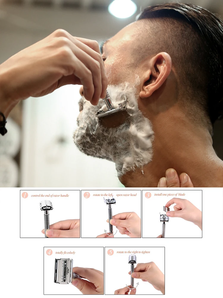 Color: Gold - Weishi Double Edge Safety Razor Long Handle Butterfly Open Classic Safety Razor manual razor  barber shaving 1 Handle & 5 blades