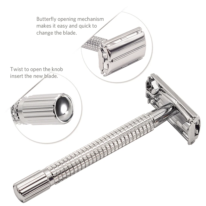 Color: Gold - Weishi Double Edge Safety Razor Long Handle Butterfly Open Classic Safety Razor manual razor  barber shaving 1 Handle & 5 blades