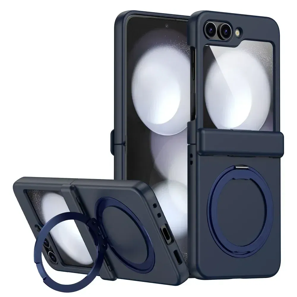 Color: Dark Blue, Material: aluminum - For Samsung Galaxy Z Flip 3 5 4 6 Magsafe Case Wireless Charging Hinge All-inclusive Flip Shockproof Hard Magnetic Holder Cover