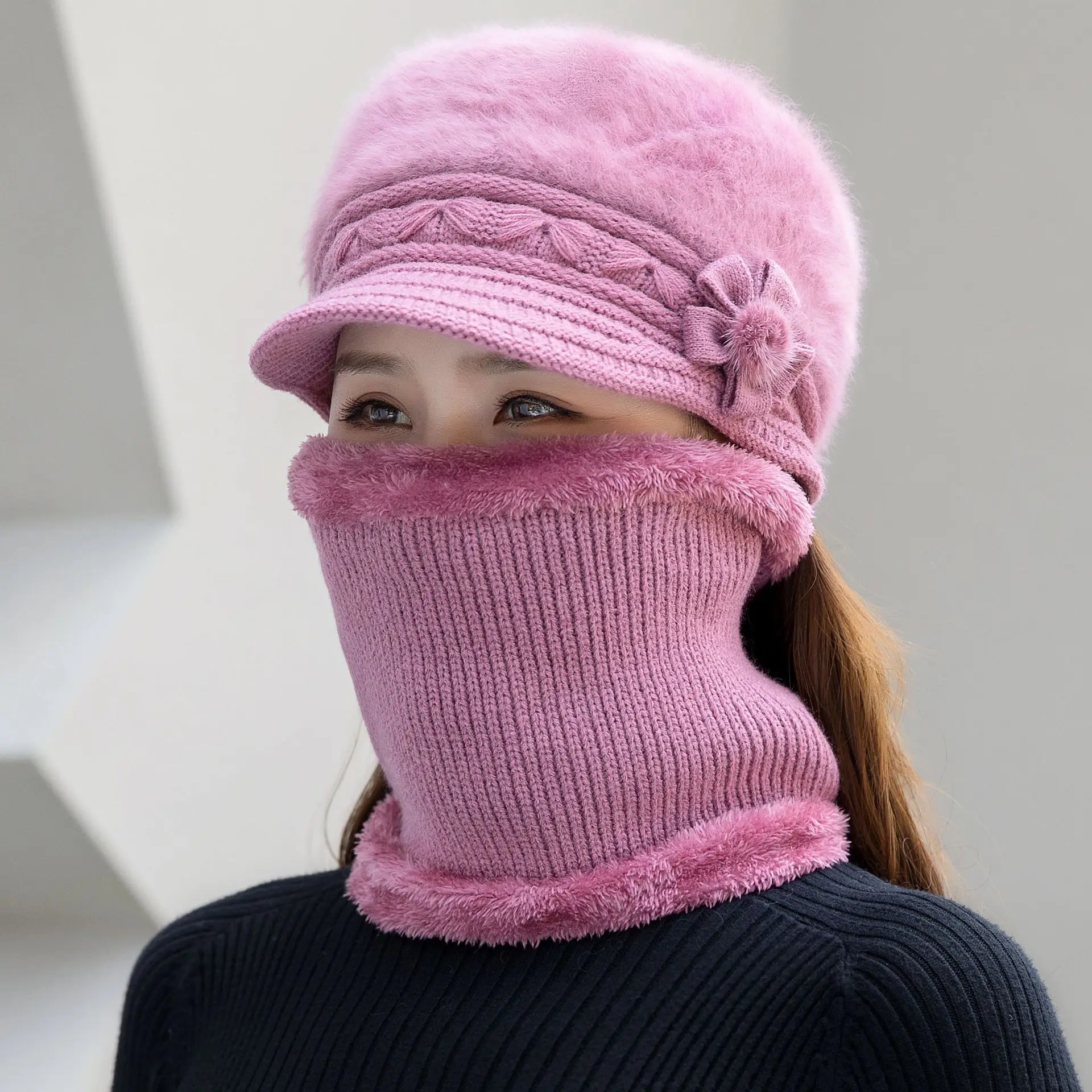 Color: Pink - New Women Winter Hat Keep Warm Cap Add Fur Lined Hat & Scarf Warm Set Fashion Hat For Women Casual Faux Fur Flower Knitted Hat