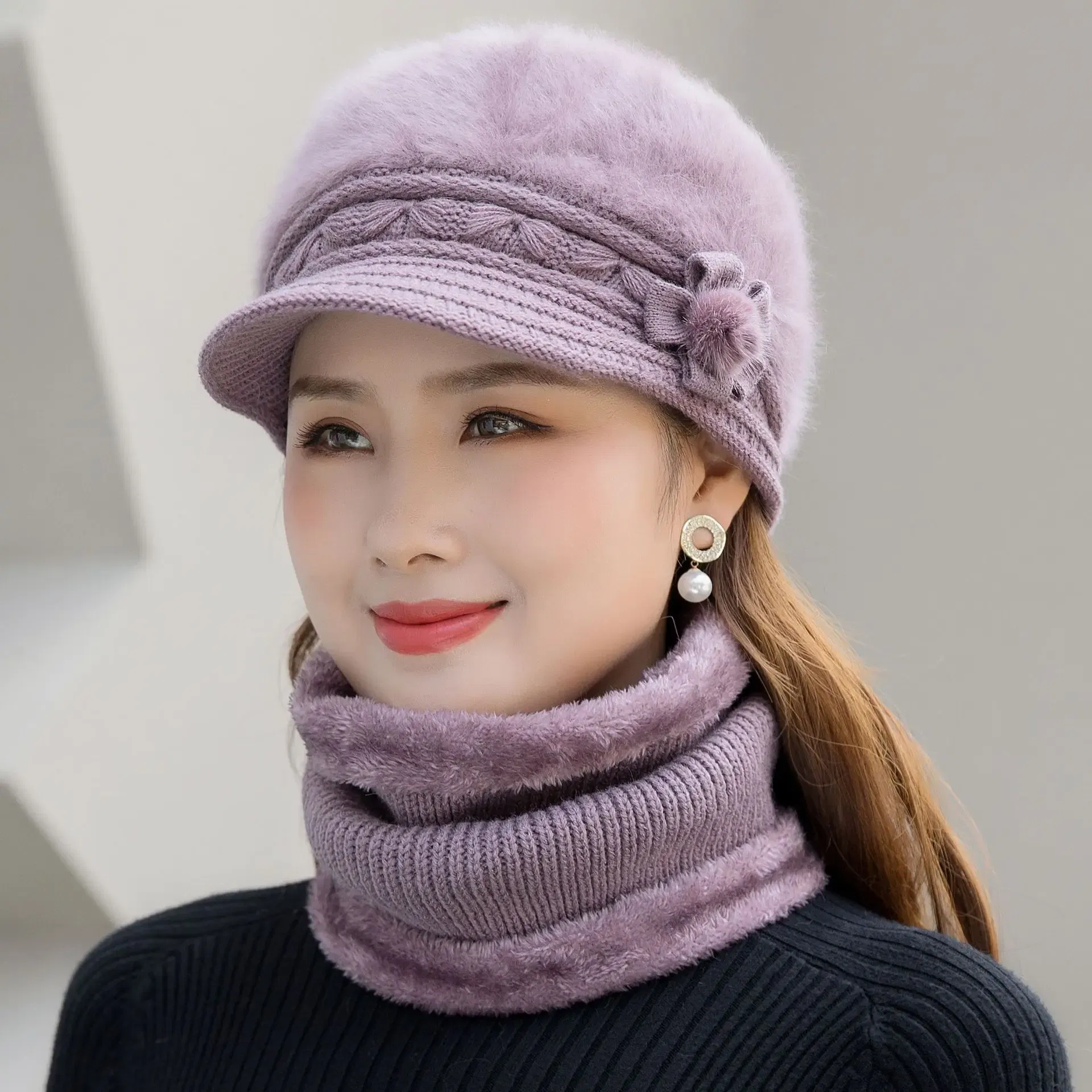 Color: Pink - New Women Winter Hat Keep Warm Cap Add Fur Lined Hat & Scarf Warm Set Fashion Hat For Women Casual Faux Fur Flower Knitted Hat