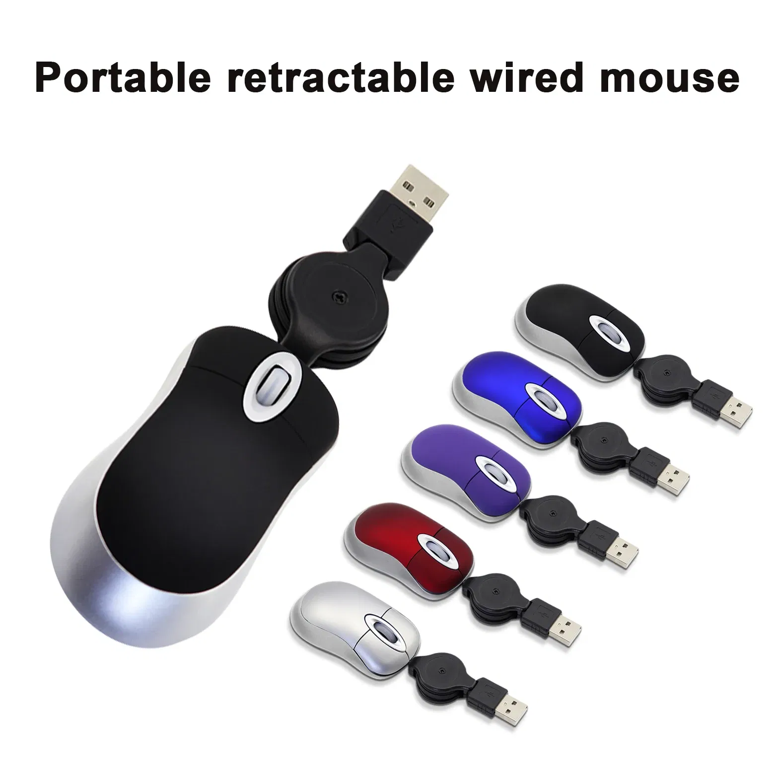 Color: Blue - Mini Portable Wired Mouse Retractable USB Cable Ergonomic Mause Anti Winding Office Computer Mice Retractable Adjustable Mice
