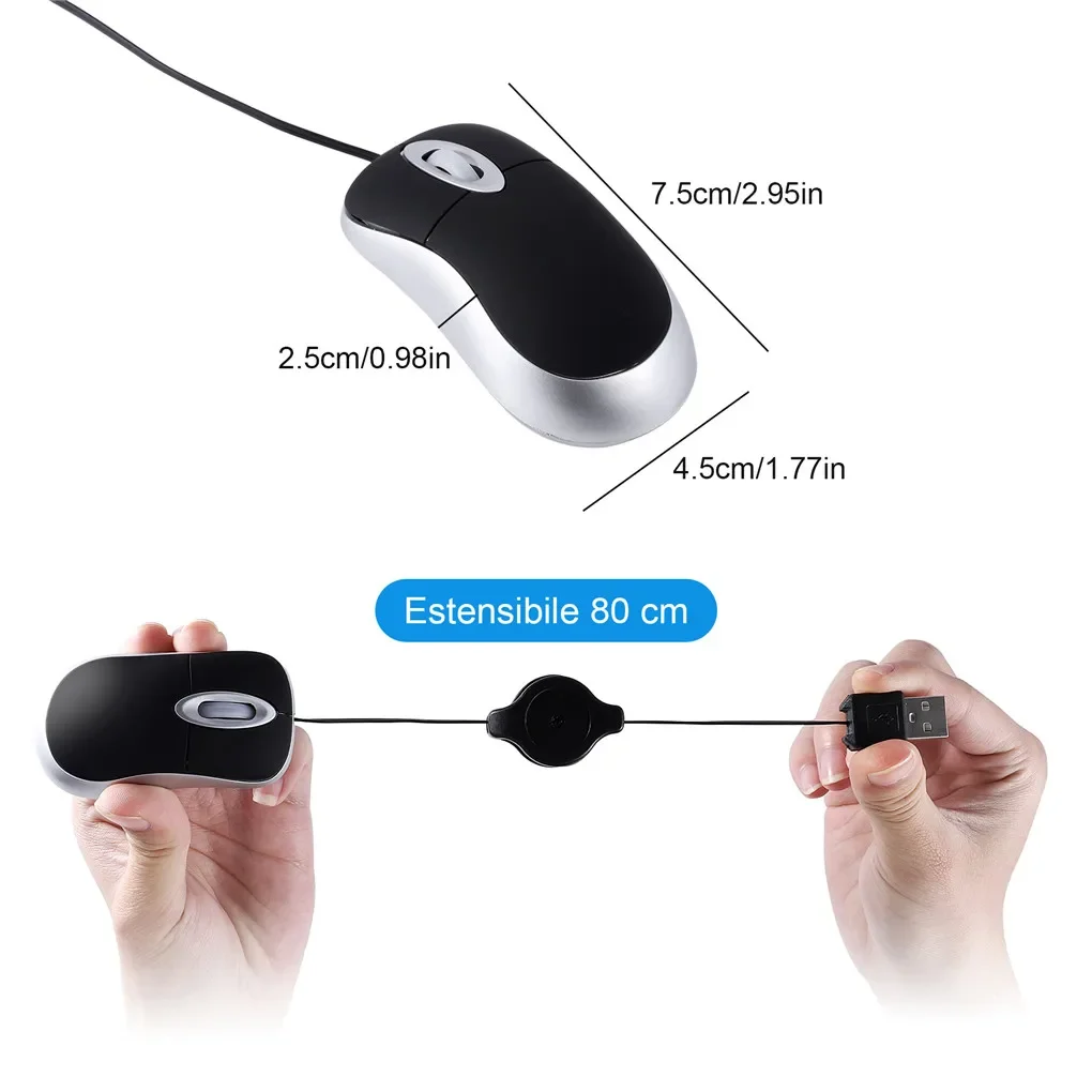 Color: Blue - Mini Portable Wired Mouse Retractable USB Cable Ergonomic Mause Anti Winding Office Computer Mice Retractable Adjustable Mice