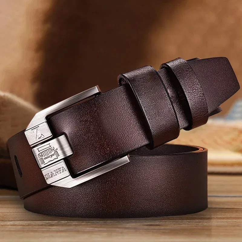 Color: WHITE, Belt Length: 130cm - 130CM Leather Cowhide Men's Belt Fashion Metal Alloy Pin Buckle Adult Luxury Brand Jeans Business Casual Waist Male Strap Brand