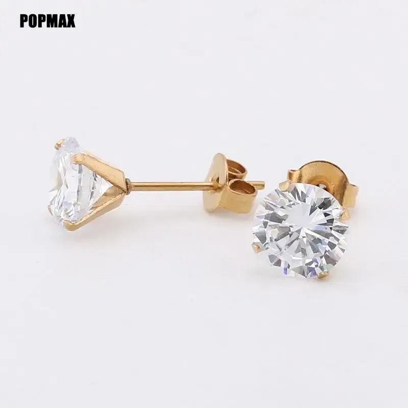 Metal Color: SILVER PLATED, Main Stone Color: GRAY - POPMAX 1Pairs/2Pcs Stainless Steel Crystal Studs Earrings For Women Men 4 Prong Tragus Round Clear Cubic Zirconia Ear Jewelry
