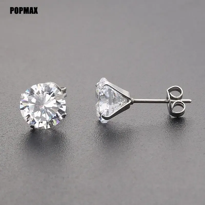 Metal Color: SILVER PLATED, Main Stone Color: GRAY - POPMAX 1Pairs/2Pcs Stainless Steel Crystal Studs Earrings For Women Men 4 Prong Tragus Round Clear Cubic Zirconia Ear Jewelry