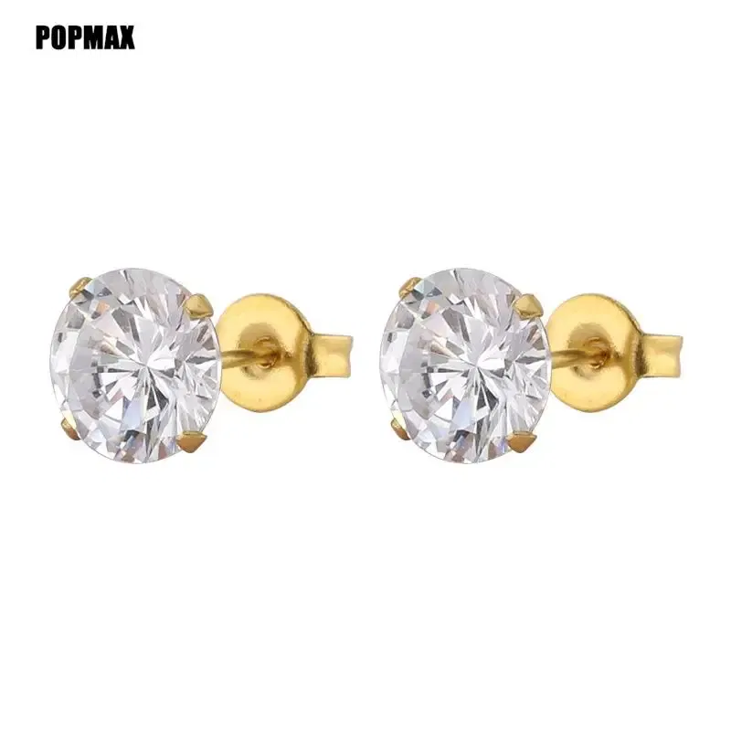Metal Color: SILVER PLATED, Main Stone Color: GRAY - POPMAX 1Pairs/2Pcs Stainless Steel Crystal Studs Earrings For Women Men 4 Prong Tragus Round Clear Cubic Zirconia Ear Jewelry