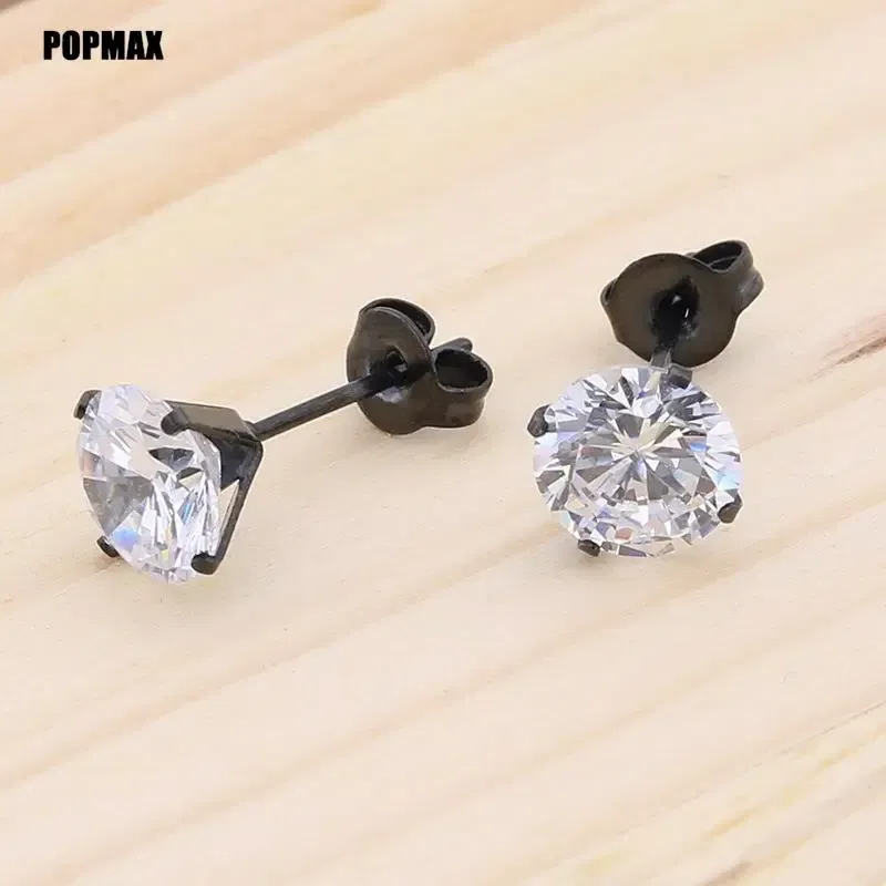 Metal Color: SILVER PLATED, Main Stone Color: GRAY - POPMAX 1Pairs/2Pcs Stainless Steel Crystal Studs Earrings For Women Men 4 Prong Tragus Round Clear Cubic Zirconia Ear Jewelry
