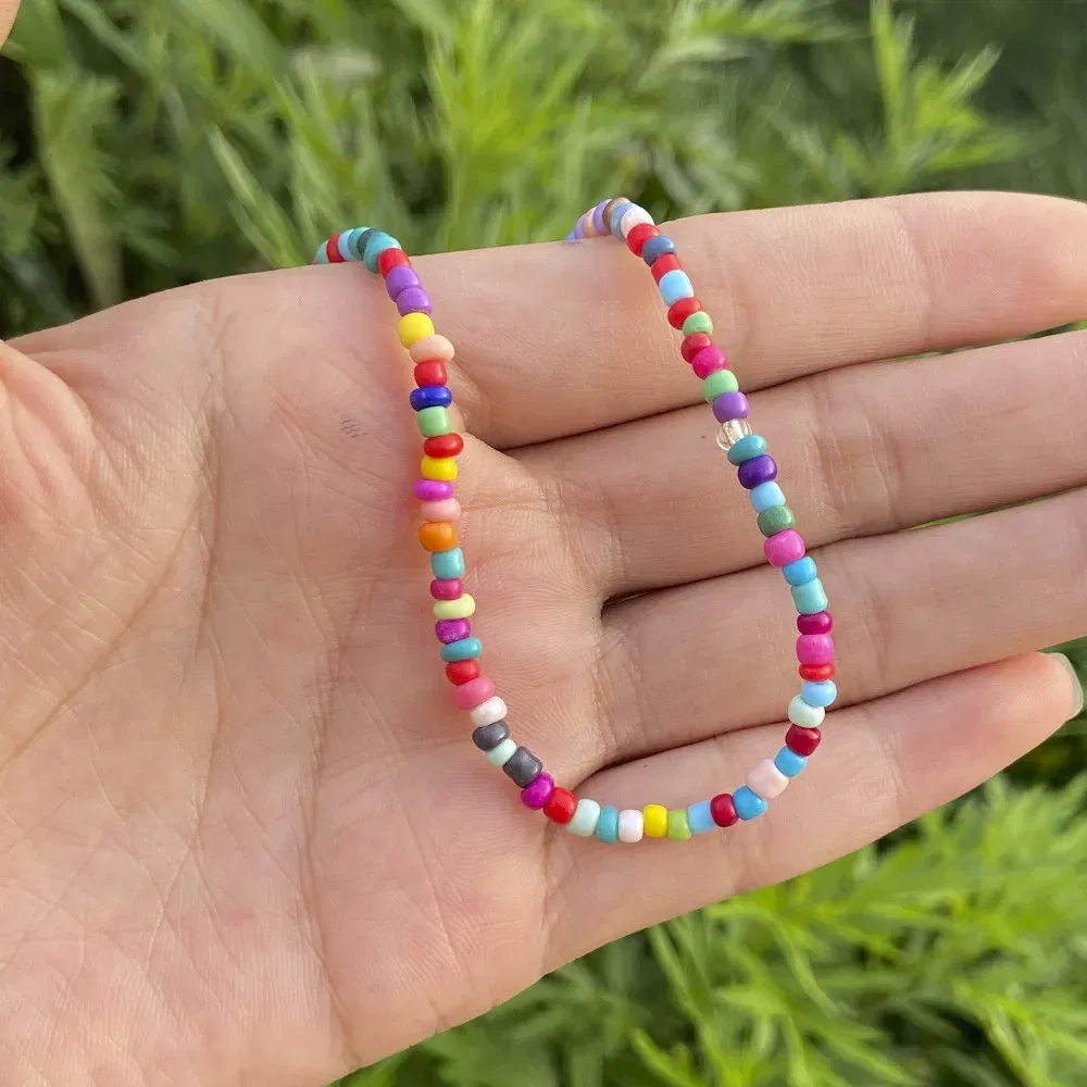 Metal Color: cobalt violet - 2022 New Trend Colorful Rice Beads Necklace Bohemia Fashion Style Ladies Clavicle Chain Necklace Girls String Pearl Neck Jewelry