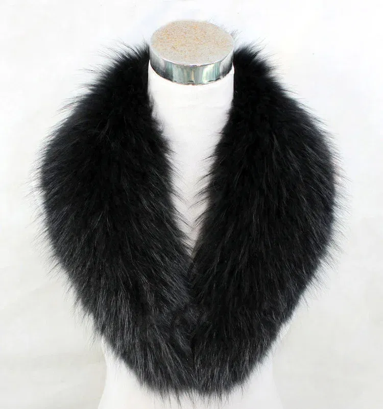 Color: black, Size: M - Winter Real Fox Fur Collar Woman Furry Natural Raccoon Fur Scarf Shawls Luxury Neck Warmer Wraps For Coat Fur Scarves Large Size