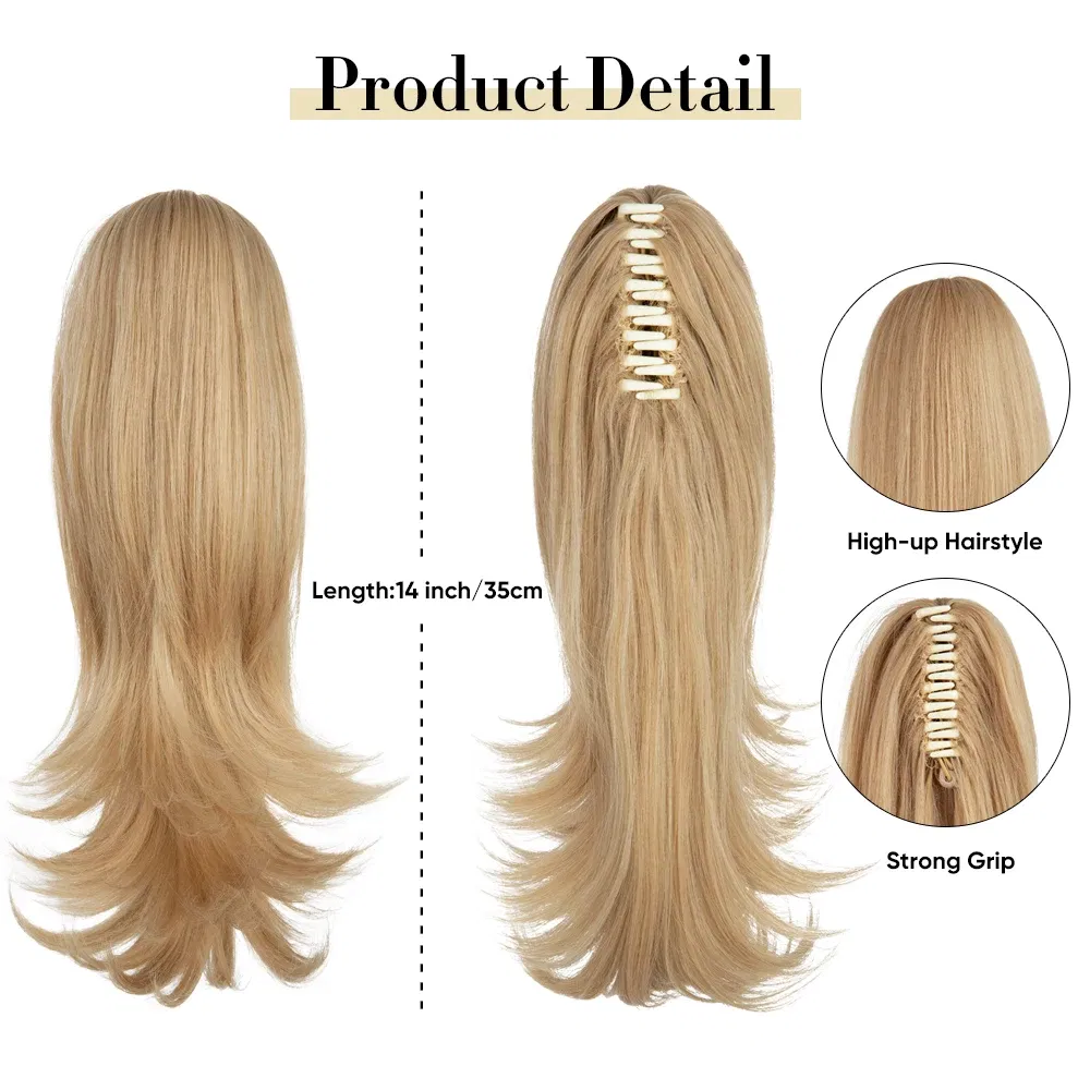 Color: P4/27, Stretched Length: 14inches - Synthetic Claw Clip In Ponytail Hair Extensions 14 Inch Wavy Hairpiece Fake Blonde Black Hair False Pigtail With Elastic Band