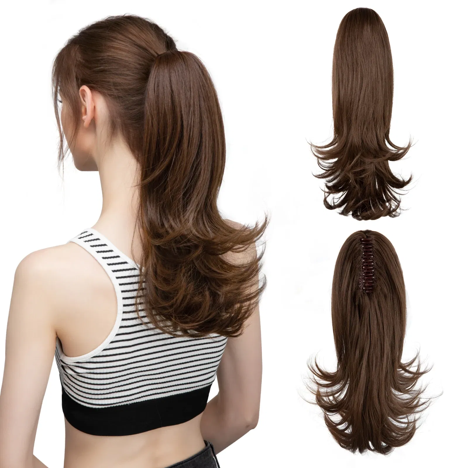 Color: P4/27, Stretched Length: 14inches - Synthetic Claw Clip In Ponytail Hair Extensions 14 Inch Wavy Hairpiece Fake Blonde Black Hair False Pigtail With Elastic Band